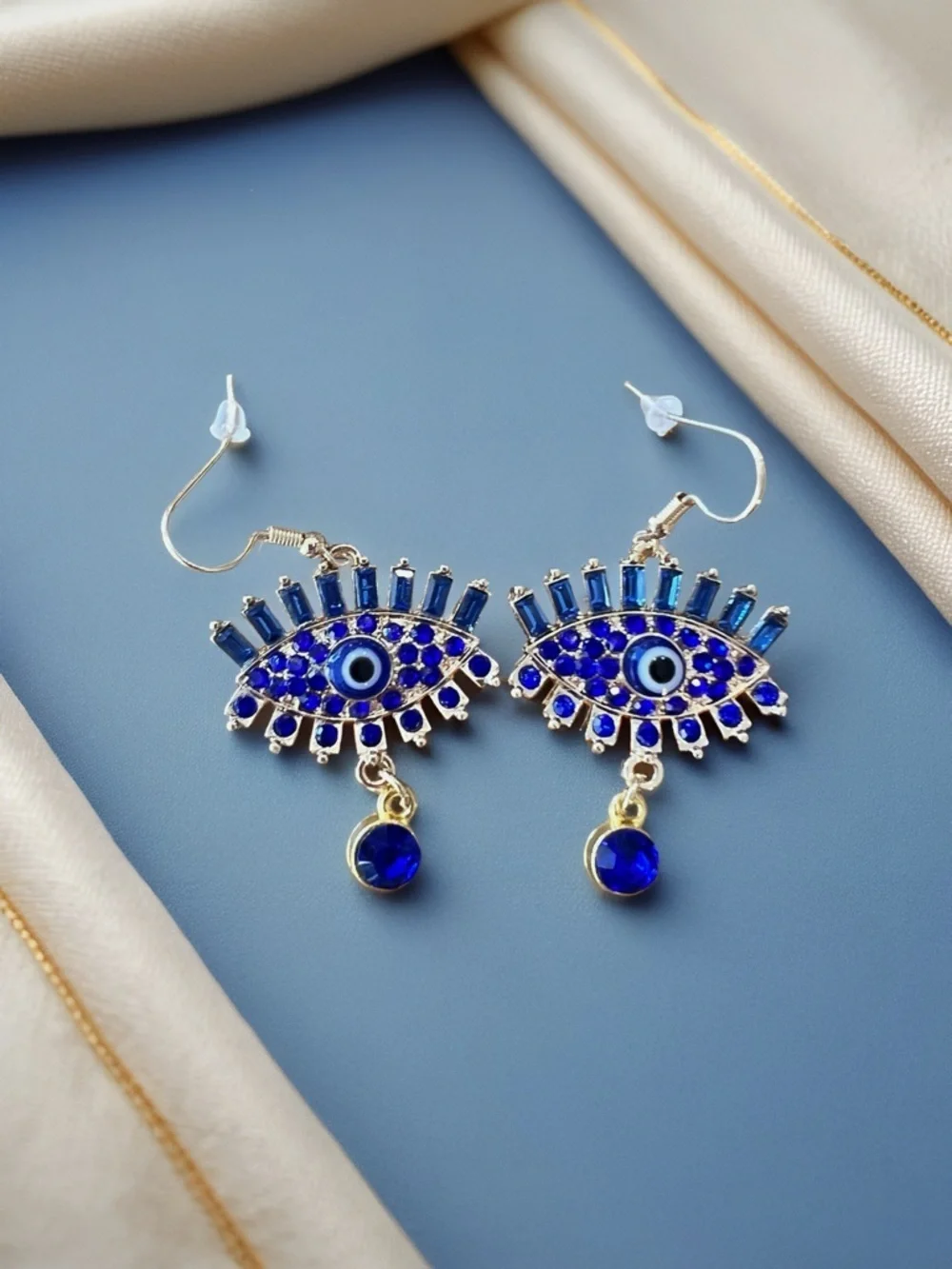 Gold-Tone Evil Eye Drop Earrings with Royal Blue Crystals - Women Jewelry